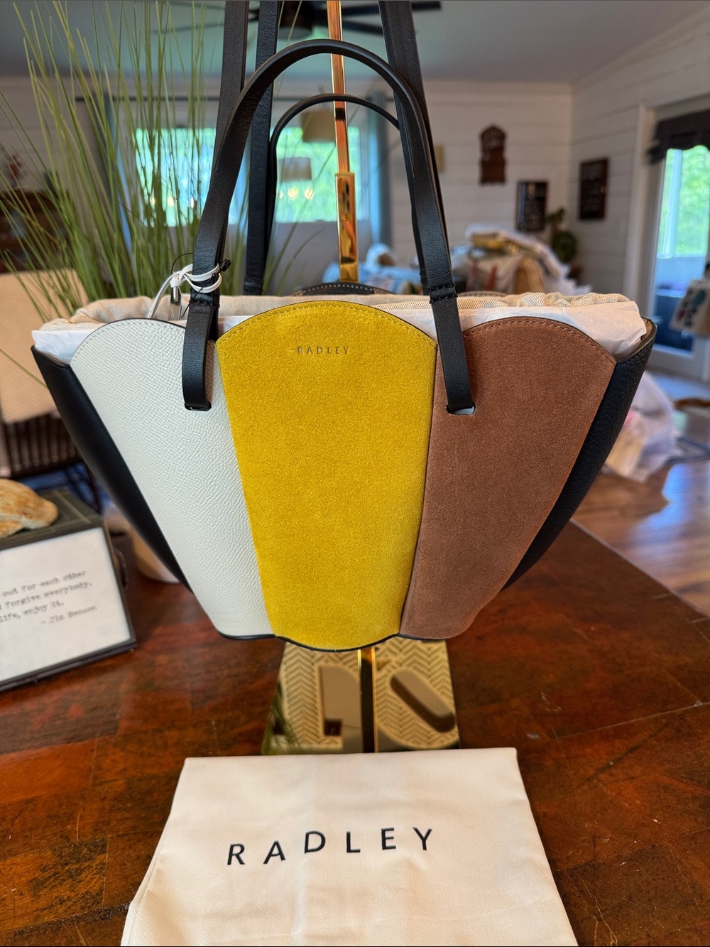 RADLEY LONDON “The Lily” Colorblock Tote in White, Mustard & Brown